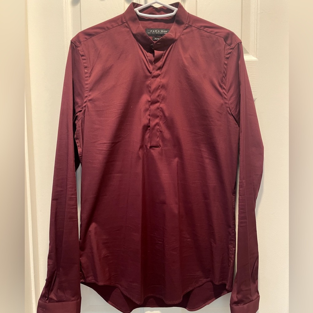 Zara Men's Burgundy Band-Collar Button-Down SLIM FIT Shirt